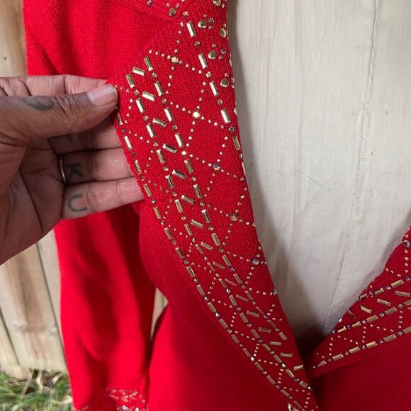 Vintage TOULA SANTANA KNIT Skirt Suit Red Embellished Midi Pencil sz 8 - Picture 2 of 11